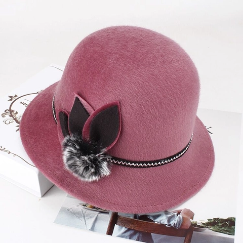 Damen Winter Glockenhut Weiches Polyester Rundes Oberteil Fedora Mit Kunstpelz Bommel Blattdekoration Warmer Damen Herbsthut