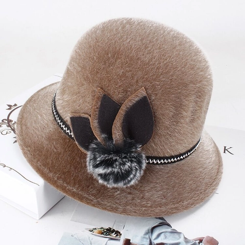 Damen Winter Glockenhut Weiches Polyester Rundes Oberteil Fedora Mit Kunstpelz Bommel Blattdekoration Warmer Damen Herbsthut