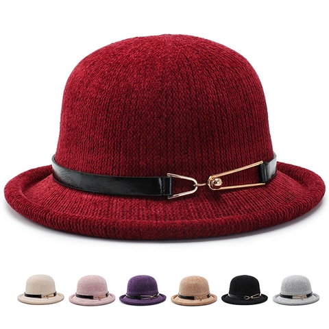 Cappello a Secchiello Cloche in Maglia alla Moda Coreana da Donna Con Decorazione Floreale Cintura in Ecopelle Tesa Arrotolata Cappello da Viaggio Parasole