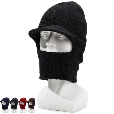 Men Winter Knitted Balaclava Hat With Brim Windproof Thermal Neck Warmer Beanie For Outdoor Skiing Elderly Grandpa Hat