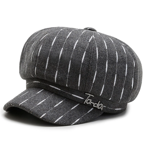 Women British Vintage Cotton Striped Newsboy Cap Fall Winter Warm Octagonal Hat With Rhinestone Letter Decoration Adjustable Hat