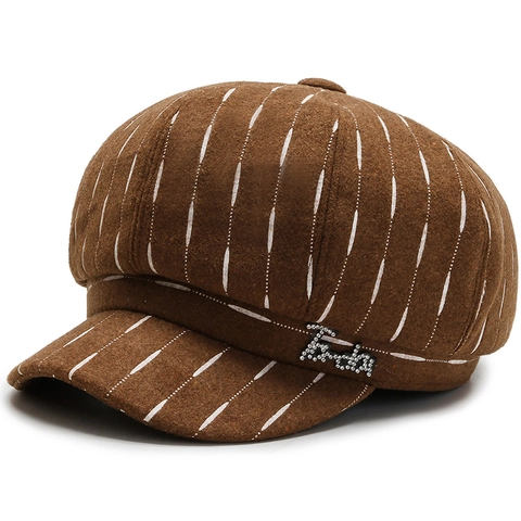 Women British Vintage Cotton Striped Newsboy Cap Fall Winter Warm Octagonal Hat With Rhinestone Letter Decoration Adjustable Hat