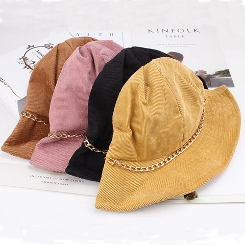 Women Corduroy Cotton Bucket Hat Metal Chain Decor Warm Autumn Winter Fisherman Hat Korean Style Solid Color Basin Hat