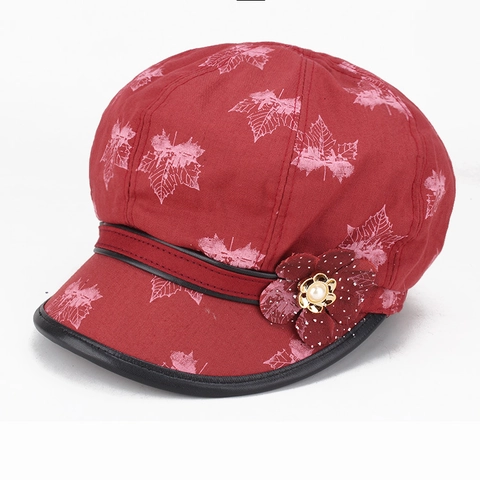 Women Vintage Cotton Baker Boy Hat Printed Maple Leaf Pattern Flower Pearl Octagonal Newsboy Cap Autumn Accessory