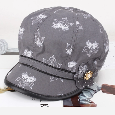 Women Vintage Cotton Baker Boy Hat Printed Maple Leaf Pattern Flower Pearl Octagonal Newsboy Cap Autumn Accessory