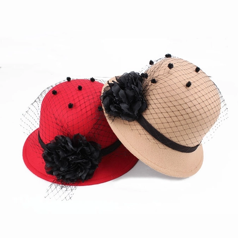 Vintage Elegant Women Woolen Felt Fedora Hat With Mesh Veil Flower Feather Decor Cloche Bucket Hat For Winter Church Party