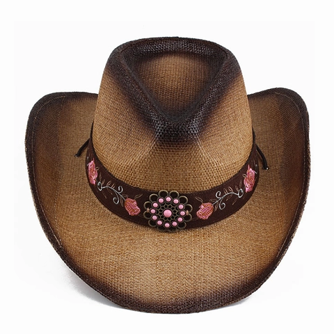 Sommer Papierstroh Western Cowboyhut Bestickte Rose Atmungsaktiver Sonnenschutz Breite Krempe Strand Reise Fedora Hut