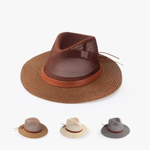 Chapeau de Cowboy en Maille Respirante pour Hommes Large Bord Protection Solaire Chapeau de Paille Bande en Cuir Extérieur