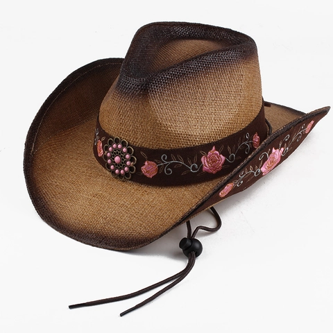 Cappello da Cowboy Western in Paglia di Carta per Donna Con Ricamo Floreale Decorazione con Perline Falda Larga Parasole Spiaggia Estate