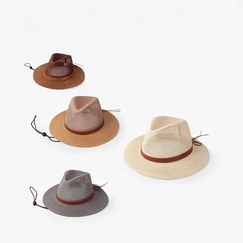Chapeau de Cowboy en Maille Respirante pour Hommes Large Bord Protection Solaire Chapeau de Paille Bande en Cuir Extérieur