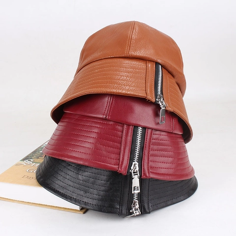 Women Printed Faux Leather Beret And Bucket Hat Vintage Solid Color Painter Cap PU Leather Fashion Headwear For Autumn