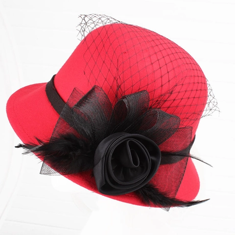 Vintage Elegant Women Woolen Felt Fedora Hat With Mesh Veil Flower Feather Decor Cloche Bucket Hat For Winter Church Party