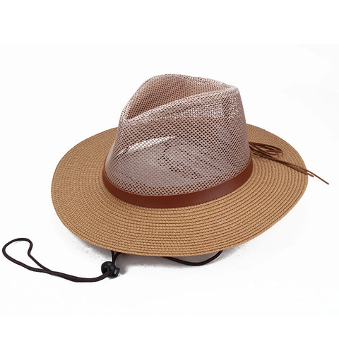 Chapeau de Cowboy en Paille de Maille Respirant Hommes Femmes Protection Solaire Été Bord Large Fedora Chapeau de Plage