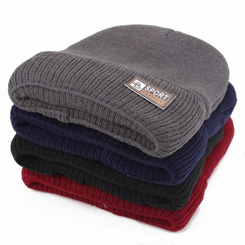 Bonnet d'Hiver pour Homme Couleur Unie Tricoté Chaud Doublé de Polaire Bonnet de Ski Épais Coupe-Vent Sport de Plein Air