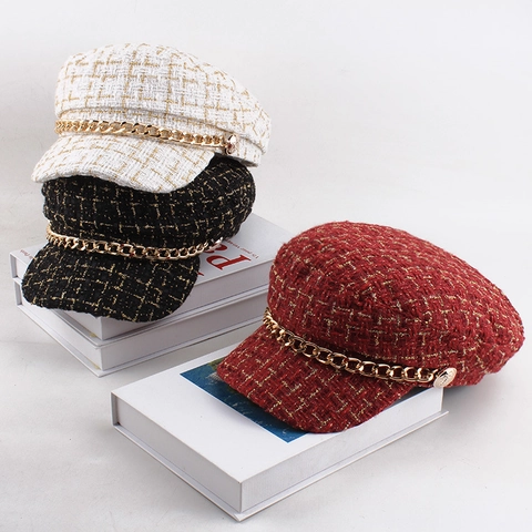 Casquette Gavroche en Tweed Vintage pour Femmes Bérét Élégant à Carreaux Avec Décor de Chaîne en Or Chapeau de Marin Style Français