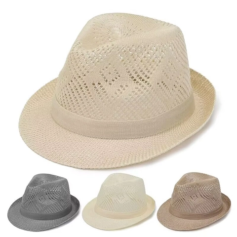Chapeau Fedora Homme Rétro Tressé Ajouré Protection Solaire Respirant Jazz Été Plage Paille Avec Bande Décorative