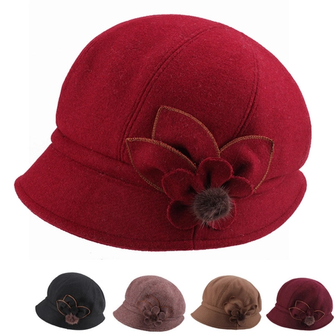 Women Vintage Woolen Felt Cloche Hat Floral Decor With Faux Fur Pompom Warm Winter Bucket Hat Elegant Church Fedora Hat