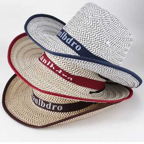 Herren Sommer Cowboyhut Sonnenschutz Atmungsaktiv Breite Krempe Strohoptik Polyester Strandhut Mit Buchstabenband Verzierung