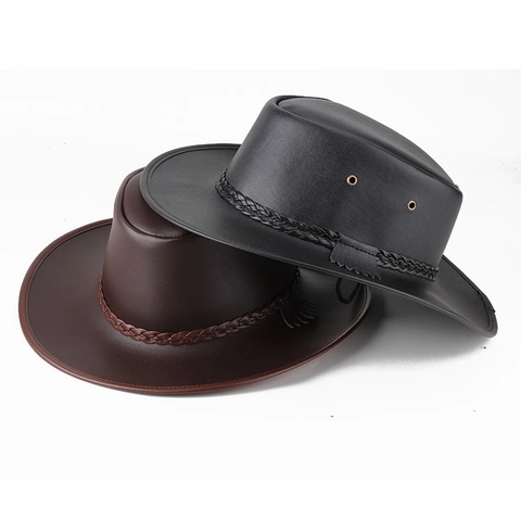 Herren Vintage Kunstleder Cowboyhut Mit Geflochtenem Band Metallösen Breite Krempe Outdoor Sonnenhut Zum Reiten Camping