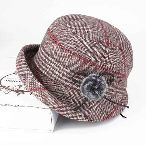 Women Winter Plaid Cloche Hat Warm Thickened Cotton Polyester Bucket Hat With Pom Pom Decoration Vintage British Style Ladies Hat
