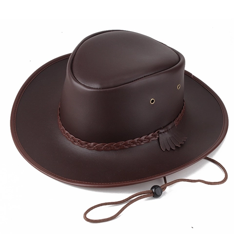 Herren Vintage Kunstleder Cowboyhut Mit Geflochtenem Band Metallösen Breite Krempe Outdoor Sonnenhut Zum Reiten Camping