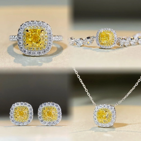 Luxueux Ensemble de Bijoux en Argent Sterling 925 Double Halo Coupe Coussin Strass Jaune pour Femmes Collier Boucles Bracelet