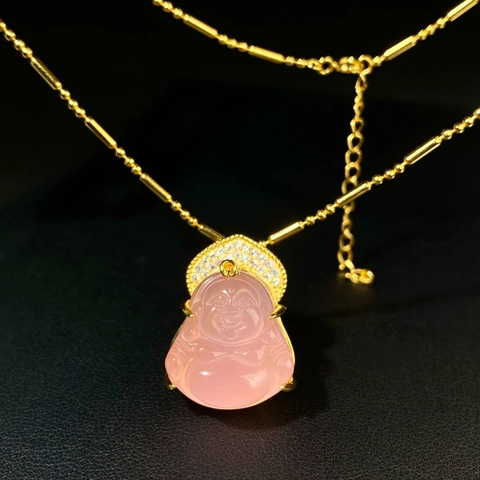 Nuevo Estilo Chino Collar con Colgante de Buda de Plata de Ley 925 Cobre Calcedonia Rosa Elegante Collar de Buda Maitreya con Strass