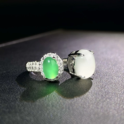 Anello in Argento Sterling S925 Con Doppia Pietra Calcedonio Verde Bianco Agata Ovale Strass Anello Aperto Regolabile Gioielli Vintage