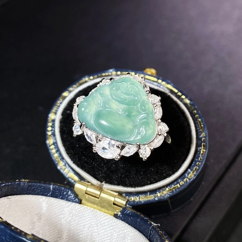 S925 Sterlingsilber Jadeit Buddha Verstellbarer Ring Vintage Grün Smaragd Buddha Eingelegter Strass Schmuck Für Damen
