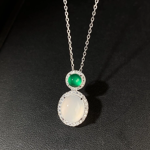 Elegante Collana in Argento Sterling S925 Rame per Donna Ciondolo Calcedonio Verde Bianco Intarsiato Strass Gioielli Regalo