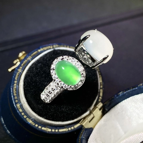 Anello in Argento Sterling S925 Con Doppia Pietra Calcedonio Verde Bianco Agata Ovale Strass Anello Aperto Regolabile Gioielli Vintage