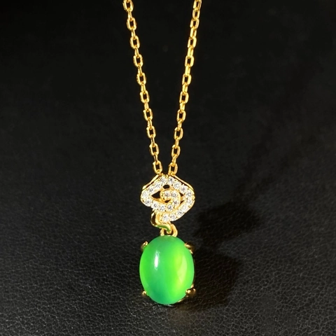 Collar con Colgante de Calcedonia Verde de Plata de Ley 925 para Mujer Elegante Nuevo Estilo Chino Oro Strass Joyería