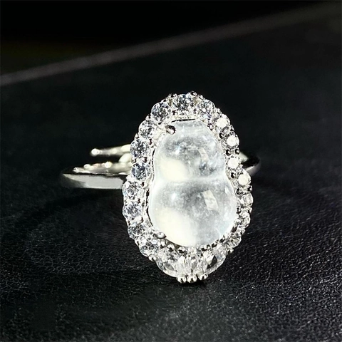 Elegant Chinese Style Gourd Ring For Women Copper Silver Plated Water Foam Jade Rhinestone Inlaid Adjustable Open Finger Ring