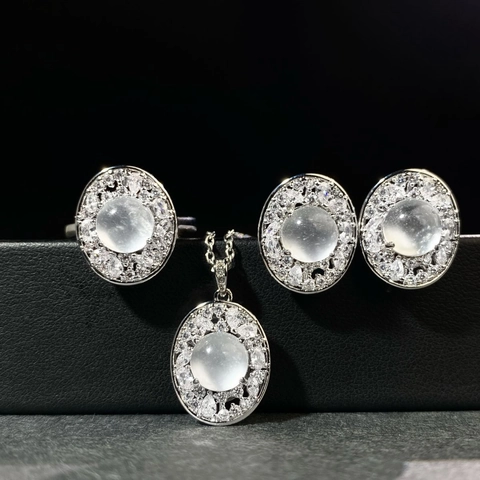 New Chinese Style Copper Silver Plated Oval Artificial Chalcedony Jewelry Set With Pave Rhinestone Necklace Earrings Ring