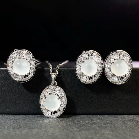 New Chinese Style Copper Silver Plated Oval Artificial Chalcedony Jewelry Set With Pave Rhinestone Necklace Earrings Ring