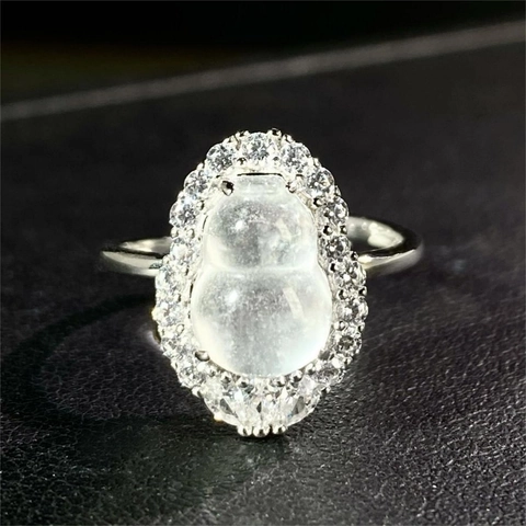 Elegant Chinese Style Gourd Ring For Women Copper Silver Plated Water Foam Jade Rhinestone Inlaid Adjustable Open Finger Ring