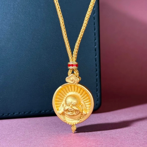 Vintage New Chinese Style 18K Gold Plated Copper Maitreya Buddha Pendant Necklace With Adjustable Braided Rope Lucky Jewelry