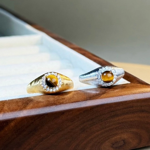 Handmade Brushed 925 Sterling Silver Ring For Women Natural Tiger's Eye Round Center Stone Rhinestone Halo Geometric Jewelry
