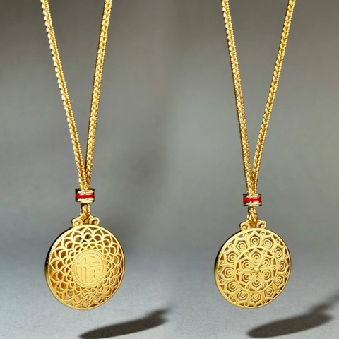 Chinese Style Copper Rhinestone Pendant Necklace Unisex Gourd Buddha Lucky Round Hollow Necklace Adjustable Rope Chain Jewelry