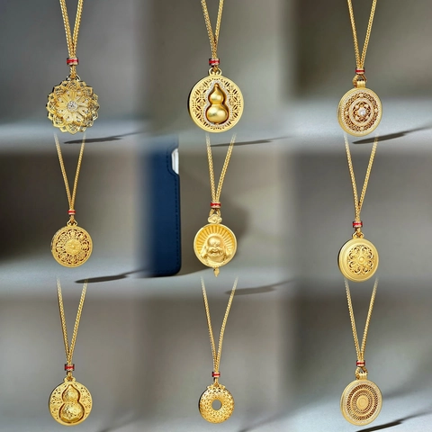 Collier Pendentif Calebasse Pi Xiu en Cuivre Plaqué Or Style Chinois Vintage pour Femme Bijoux de Chaîne de Corde en Strass Ruyi Filigrane Traditionnel