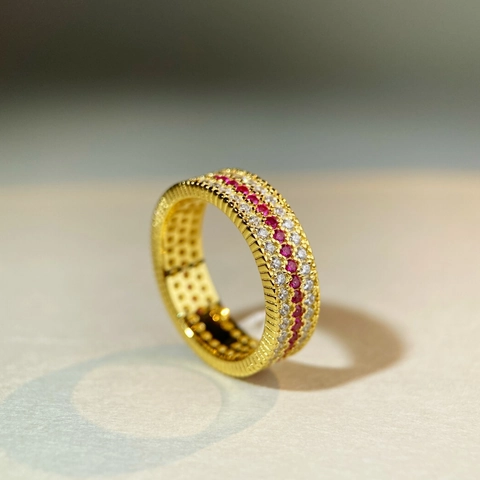 Luxuriös 925 Sterlingsilber Gold Beschichtet Rot Strass Ewigkeit Ring Für Damen Vintage Klassisch Funkelnd Rose Schmuck Geschenk