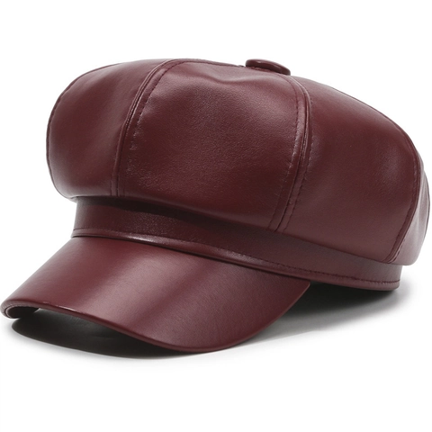 Gorra de Repartidor de Cuero PU Vintage para Mujer Estilo Británico Gorra Octogonal Color Sólido Baker Boy Cap con Cadena de Metal