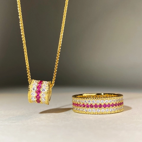 Vintage 925 Sterling Silver Jewelry Set For Women Red Corundum Zirconia Pave Cylindrical Pendant Necklace And Eternity Ring