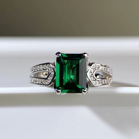 925 Sterling Silver Emerald Cut Artificial Emerald Ring For Women Zirconia Pave Luxury Wedding Anniversary Finger Ring Jewelry