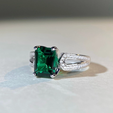 925 Sterling Silver Emerald Cut Artificial Emerald Ring For Women Zirconia Pave Luxury Wedding Anniversary Finger Ring Jewelry