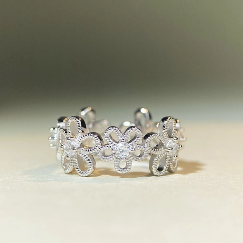 Anillo Abierto de Margarita de Plata de Ley 925 Vintage para Mujer Floral Hueco Ajustable Diamante de Imitación Joyería de Boda Anillo Regalo