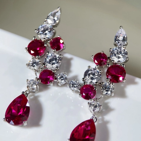 Orecchini a Goccia d'Acqua in Argento Sterling 925 per Donna Corindone Rosso Zirconia Orecchini Pendenti per Matrimonio Banchetto Gioielli Regalo