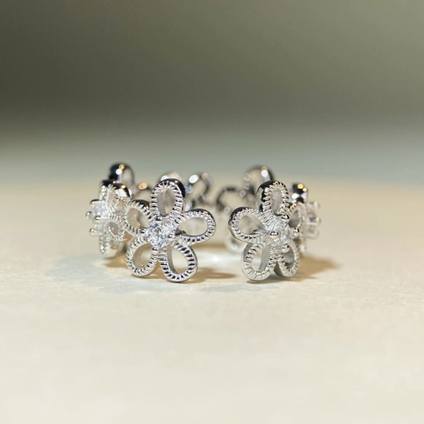 Anillo Abierto de Margarita de Plata de Ley 925 Vintage para Mujer Floral Hueco Ajustable Diamante de Imitación Joyería de Boda Anillo Regalo