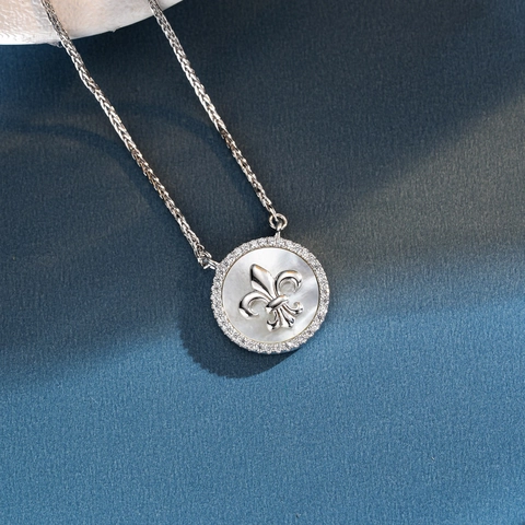 925 Sterling Silver Mother Of Pearl Pendant Necklace For Women Round Fleur-De-Lis Compass Rhinestone Chain Elegant Jewelry Gift