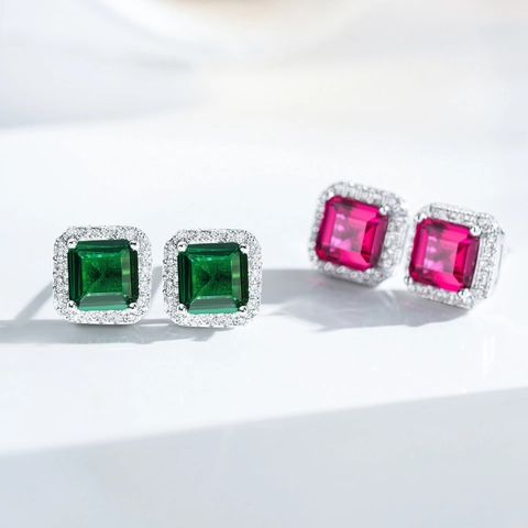 Elegant 925 Sterling Silver Emerald Cut Zirconia Stud Earrings For Women Square Halo Gemstone Ear Jewelry Luxury Party Accessories